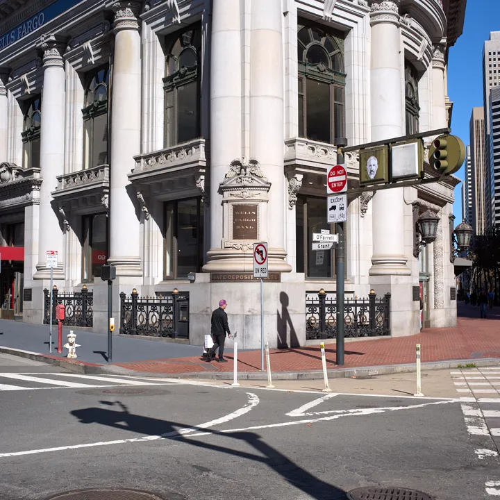 Safe deposit vaults on the corner of O’Farrell and Grant. Purple hair, one shopping bag, a clean getaway. The face in th